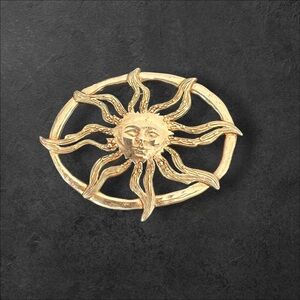 Vintage Signed JJ Sun Face Brooch Good Tone